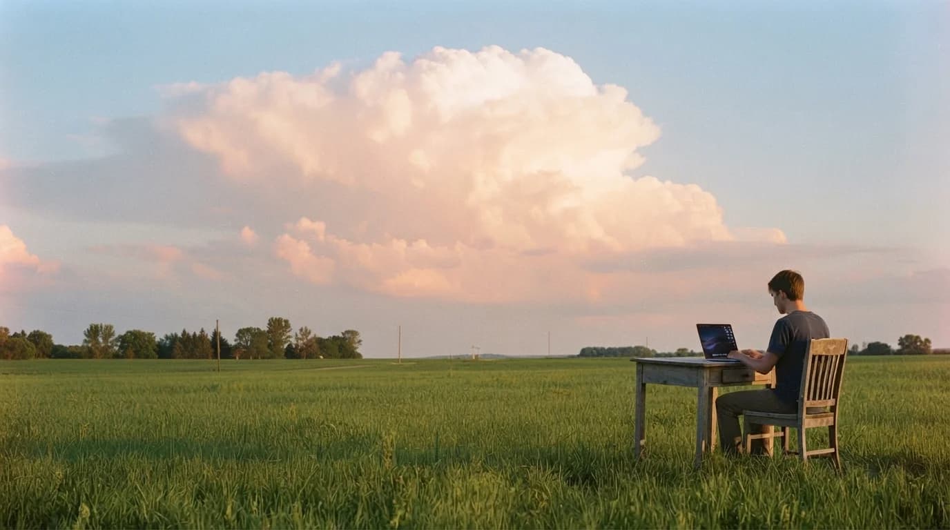 A person working on a laptop at a wooden desk in an open meadow under a summer sky.